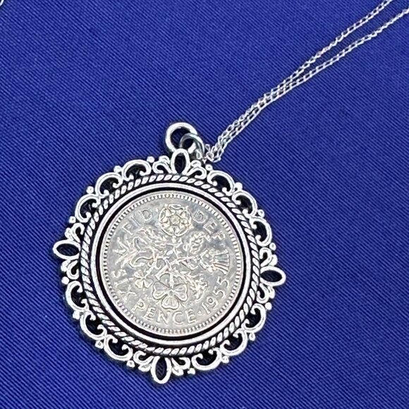 Sterling Chain 1955 Sixpence Coin Pendant Necklace - Picture 11 of 13
